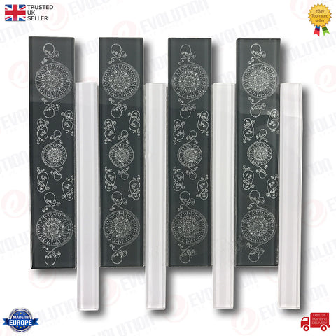 30x30 cm INTERLOCKING GLASS WALL TILE ANTHRACITE, GREY WITH CALLIGRAPHIC DETAILS