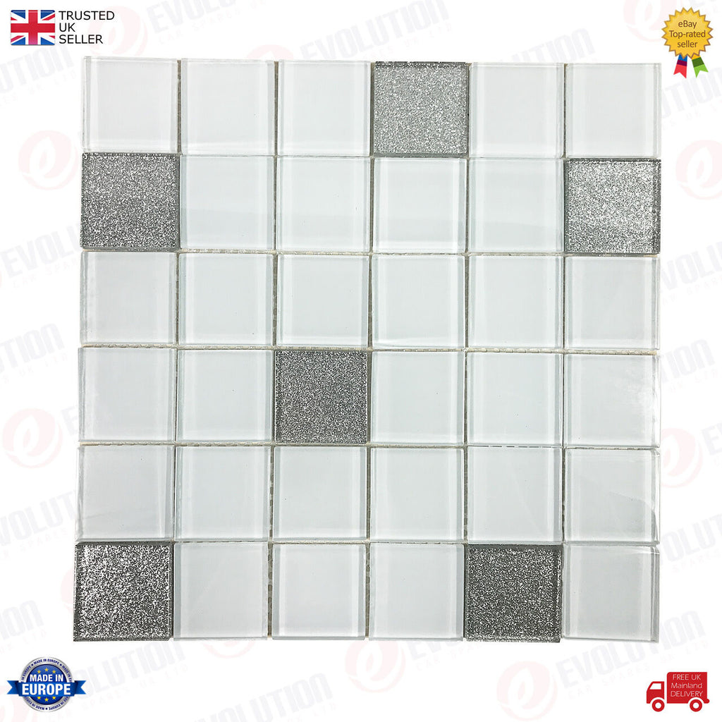 30 x 30 cm GLASS MOSAIC WALL TILES SHEET ICE BLUE WITH SILVER DETAILS (1 PC)