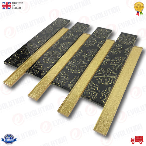 30x30 cm INTERLOCKING GLASS WALL TILE PRINTED BLACK WITH GOLD GLITTER DETAILS