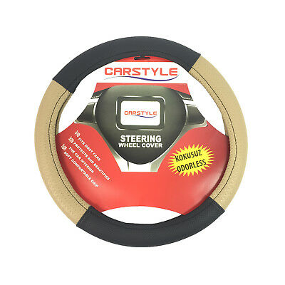 BLACK & BEIGE LUXURY LEATHER LOOK CAR STEERING WHEEL COVER GLOVE UNIVERSAL GRIP