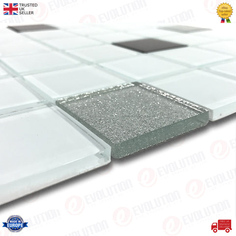 30 x 30 cm GLASS MOSAIC WALL TILES SHEET ICE BLUE WITH SILVER & BLACK DETAILS