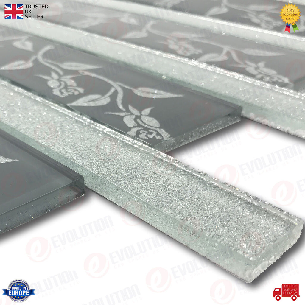 30x30 cm INTERLOCKING GLASS WALL TILE SHEET SILVER GREY WITH FLOWER DETAILS