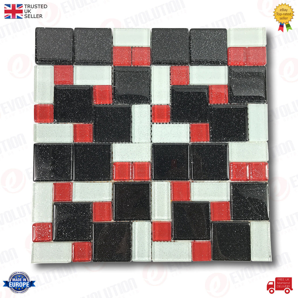 30x30 cm GLASS MOSAIC WALL TILE SHEET BLACK & RED WITH GLITTER DETAILS