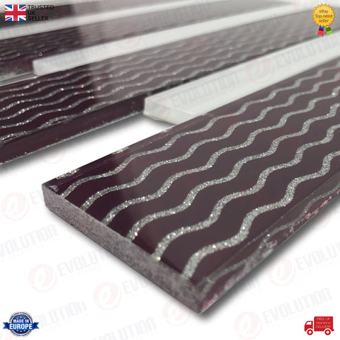 30x30 cm INTERLOCKING GLASS WALL TILE GREY & RASIN WITH SILVER VAWES DETAILS