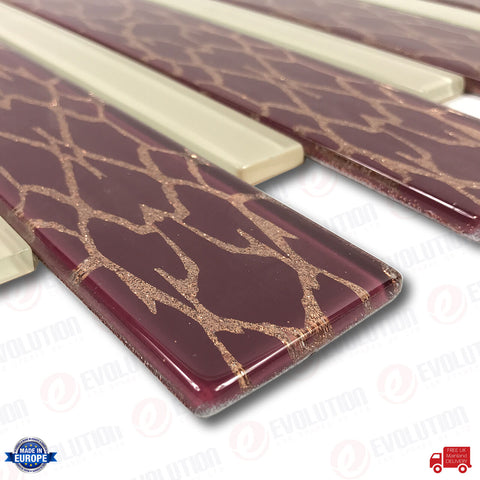30x30 cm INTERLOCKING GLASS WALL TILE BEIGE & MAROON WITH BRONZE DETAILS